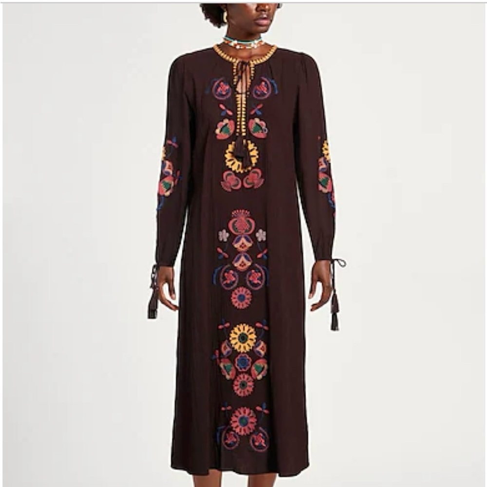 NWT-Antik Batik Brown and Red Embroidered Resort Dress with Bishop Sleeves
